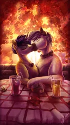 Size: 671x1191 | Tagged: safe, artist:lupiarts, derpibooru import, oc, oc:lupi, oc:lupiarts, oc:snoopy stallion, pony, absurd resolution, autumn, banana juice, cherry juice, collar, colourful, digital art, drink, glasses, heart, jewelry, juice, kissing, leaf, leaves, love, necklace, romance, speedpaint, table