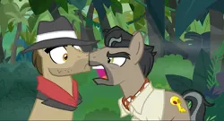 Size: 1600x866 | Tagged: safe, derpibooru import, screencap, biff, doctor caballeron, pony, daring doubt, accidental boop, angry, boop, fedora, hat, henchmen, jungle, noseboop, yelling