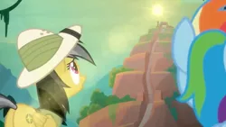 Size: 1600x900 | Tagged: safe, derpibooru import, screencap, daring do, rainbow dash, pegasus, pony, daring doubt, female, glare, looking up, mare, sky, stairs, sun glare, sunrise, temple, worm's eye view