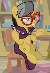 Size: 583x854 | Tagged: safe, derpibooru import, screencap, a.k. yearling, daring do, pegasus, pony, daring doubt, book, bookshelf, chair, croppred, disguise, glasses, sitting, solo