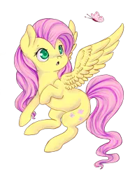 Size: 2581x3300 | Tagged: safe, artist:esurie, derpibooru import, fluttershy, butterfly, pegasus, pony, :o, colored pupils, cute, female, high res, looking at something, mare, open mouth, shyabetes, simple background, solo, spread wings, transparent background, wings