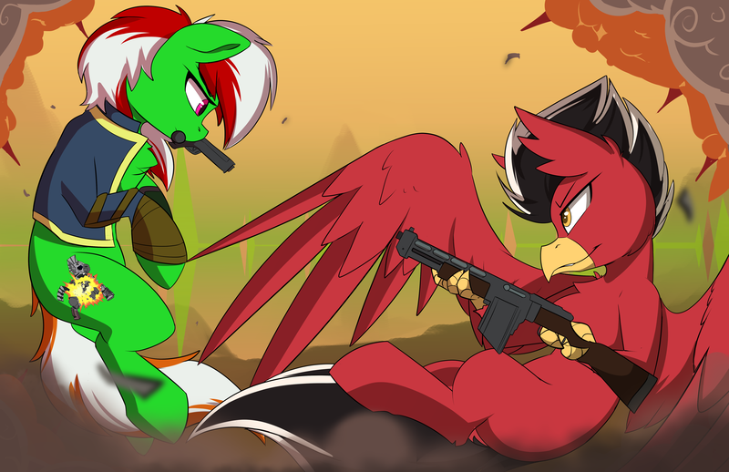 Size: 5100x3300 | Tagged: safe, artist:beardie, derpibooru import, oc, oc:wandering sunrise, unofficial characters only, pony, fallout equestria, fallout equestria: dead tree, announcement, battlefield, convention, explosion, fallout, fiaura, flying, gun, handgun, pipbuck, pistol, seaquestriafest, shotgun, stable, stable-tec, wandering sunrise, weapon