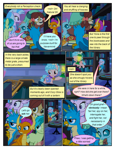 Size: 612x792 | Tagged: safe, artist:newbiespud, derpibooru import, edit, edited screencap, screencap, cozy glow, gallus, ocellus, sandbar, silverstream, smolder, yona, changedling, changeling, classical hippogriff, dragon, earth pony, firefly (insect), gryphon, hippogriff, insect, pegasus, pony, yak, comic:friendship is dragons, what lies beneath, bag, book, bookshelf, comic, dialogue, dragoness, eyes closed, female, filly, flying, food, frown, hiding, hoof hold, lantern, looking down, male, pretzel, saddle bag, screencap comic, smiling, student six, surprised, suspicious, wide eyes