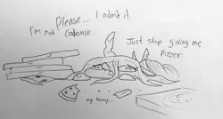 Size: 1643x880 | Tagged: safe, artist:tjpones, derpibooru import, queen chrysalis, adorable distress, cute, cutealis, food, lineart, monochrome, peetzer, pizza, pizza box, sketch, solo, traditional art, tummy ache