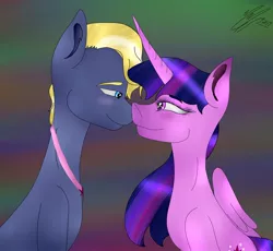 Size: 1280x1179 | Tagged: safe, artist:sweetblaze, derpibooru import, star tracker, twilight sparkle, twilight sparkle (alicorn), alicorn, earth pony, pony, blushing, boop, female, looking at each other, male, mare, noseboop, profile, shipping, stallion, straight, twitracker