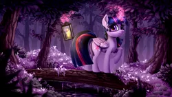 Size: 4098x2304 | Tagged: safe, artist:rysunkowasucharia, derpibooru import, twilight sparkle, twilight sparkle (alicorn), alicorn, pony, digital art, female, forest, glowing horn, horn, lantern, magic, mare, petals, raised hoof, scenery, scenery porn, solo