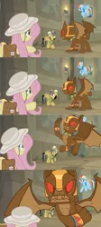 Size: 1600x3570 | Tagged: safe, derpibooru import, edit, edited screencap, screencap, daring do, fluttershy, rainbow dash, gargoyle, guardiangoyle, pony, daring doubt, bag, charging, comic, dialogue, gargoyle guard, guardian, hat, pith helmet, saddle bag, screencap comic, speech bubble, sun hat, swiping