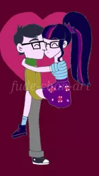 Size: 639x1137 | Tagged: safe, artist:fude-chan-art, derpibooru import, microchips, sci-twi, twilight sparkle, equestria girls, equestria girls series, clothes, converse, female, kissing, male, microlight, shipping, shoes, straight