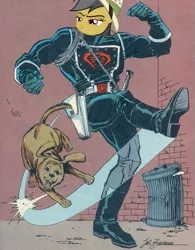 Size: 467x599 | Tagged: abuse, animal abuse, artist:sal buscema, brick wall, cobra commander, daring do, daring doubt, derpibooru import, edit, g.i. joe, human, kick the dog, puppy, pure unfiltered evil, semi-grimdark, signature, trash can