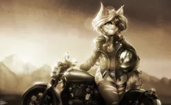 Size: 3650x2245 | Tagged: safe, artist:drizziedoodles, derpibooru import, sunset shimmer, anthro, unicorn, belt, breasts, choker, cleavage, clothes, daisy dukes, denim shorts, desert, ear piercing, helmet, jacket, leather jacket, looking at you, motorcycle, old photo, piercing, ripped stockings, sepia, shorts, skull, smiling, socks, stockings, sunset, thigh highs