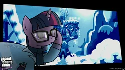 Size: 1920x1080 | Tagged: safe, artist:aryatheeditor, derpibooru import, sci-twi, twilight sparkle, pony, unicorn, equestria girls, equestria girls series, holidays unwrapped, spoiler:eqg series (season 2), castle, clothes, coat, crossover, gameplay, glasses, grand theft auto, gta v, hearth's warming, loading screen, night, snow, solo, winter outfit