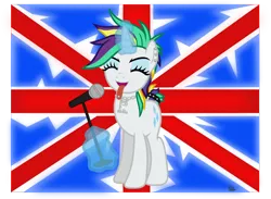 Size: 2208x1617 | Tagged: safe, artist:anime-equestria, derpibooru import, rarity, pony, unicorn, alternate hairstyle, british, ear piercing, eyes closed, eyeshadow, female, flag, jewelry, magic, makeup, mare, microphone, necklace, piercing, punk, raripunk, solo, tongue out, tongue piercing, union jack, vector