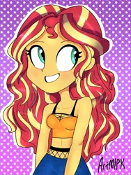 Size: 1536x2048 | Tagged: safe, artist:artmlpk, derpibooru import, sunset shimmer, equestria girls, belly button, blushing, breasts, cleavage, clothes, curly hair, cute, fishnets, jeans, looking up, midriff, pants, shimmerbetes, sleeveless, smiley face, solo, tanktop