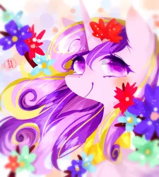 Size: 1800x2000 | Tagged: safe, artist:double happiness, derpibooru import, princess cadance, alicorn, pony, blushing, bust, cute, cutedance, female, flower, flower in hair, looking at you, mare, pixiv, portrait, smiling, solo