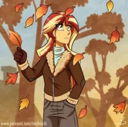 Size: 930x925 | Tagged: safe, artist:inuhoshi-to-darkpen, derpibooru import, sunset shimmer, equestria girls, autumn, clothes, eye clipping through hair, falling leaves, female, gloves, hand in pocket, jacket, leaves, pants, scenery, solo, sunset shimmer day, tree