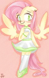 Size: 1153x1834 | Tagged: artist:double happiness, blushing, bracelet, clothes, cute, derpibooru import, dress, ear piercing, earring, female, floppy ears, fluttershy, jewelry, looking at you, necklace, piercing, pixiv, safe, semi-anthro, shoes, shyabetes, smiling, socks, solo, spread wings, strapless dress, wings