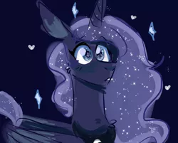 Size: 1192x957 | Tagged: safe, artist:no-name-blog-scree, derpibooru import, princess luna, alicorn, pony, blue background, ethereal mane, female, heart, mare, missing accessory, peytral, simple background, solo, starry eyes, starry mane, stars, wingding eyes