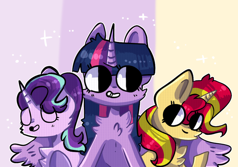 Size: 1000x701 | Tagged: safe, artist:nootnuts, derpibooru import, starlight glimmer, sunset shimmer, twilight sparkle, twilight sparkle (alicorn), alicorn, pony, unicorn, cheek fluff, chest fluff, counterparts, eyes closed, female, hug, mare, smiling, spread wings, trio, twilight's counterparts, winghug, wings