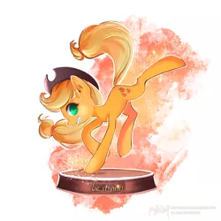 Size: 1200x1200 | Tagged: safe, artist:greyredroy, derpibooru import, applejack, earth pony, pony, fallout equestria, fanfic, abstract background, bucking, cowboy hat, fanfic art, female, grin, hat, hooves, mare, ministry mares, ministry mares statuette, smiling, solo