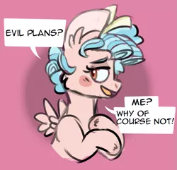 Size: 717x692 | Tagged: safe, artist:no-name-blog-scree, derpibooru import, cozy glow, pegasus, pony, abstract background, blatant lies, blushing, female, filly, lidded eyes, open mouth, request, solo, speech, speech bubble, spread wings, talking, wings