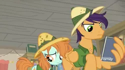 Size: 1920x1080 | Tagged: safe, derpibooru import, screencap, endeavour, peach fuzz, earth pony, pegasus, pony, daring doubt, angry, annoyed, book, bookstore, chest hair, daring do costume, female, filly, hat, implied father and daughter, male, pith helmet, sad, stallion, wing hands, wings