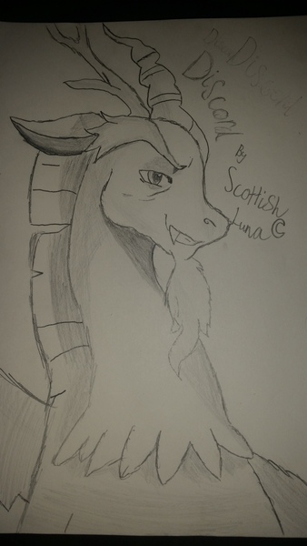 Size: 2988x5312 | Tagged: artist:scottishlunaripoff, derpibooru import, discord, draconequus, drawing, male, monochrome, safe, sketch, smug, solo, traditional art