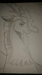 Size: 2988x5312 | Tagged: artist:scottishlunaripoff, derpibooru import, discord, draconequus, drawing, male, monochrome, safe, sketch, smug, solo, traditional art