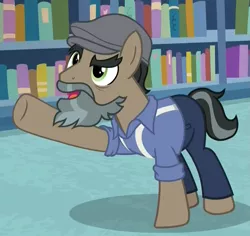 Size: 1043x983 | Tagged: safe, derpibooru import, screencap, doctor caballeron, earth pony, pony, daring doubt, bookshelf, clothes, cropped, disguise, fake beard, flat cap, george r.r. martin, groom q.q. martingale, hat, male, martingale, pants, pointing, shirt, solo, stallion