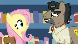 Size: 1920x1080 | Tagged: safe, derpibooru import, screencap, doctor caballeron, fluttershy, earth pony, pegasus, pony, daring doubt, bag, bookshelf, eye contact, looking at each other, male, out of context, saddle bag, smiling, stallion