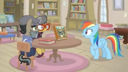 Size: 1600x900 | Tagged: safe, derpibooru import, screencap, a.k. yearling, rainbow dash, pony, daring doubt, book, bookshelf, cape, chair, clothes, cup, cushion, disguise, fake beard, george r.r. martin, glasses, hat, jacket, library, martingale, newsboy hat, pen, picture frame, rug, sign, sitting, table, window