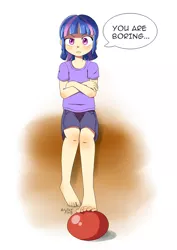 Size: 2480x3507 | Tagged: annoyed, artist:artyfour, barefoot, buckball, child, clothes, derpibooru import, dialogue, feet, female, human, human female, humanized, looking at you, not twilight sparkle, safe, shirt, shorts, solo, t-shirt, wind sprint, wind sprint is unimpressed