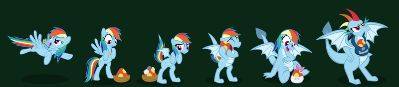 Size: 2000x438 | Tagged: safe, artist:magerblutooth, derpibooru import, rainbow dash, dragon, pegasus, pony, series:mlp transformed, baby carrier, bipedal, bow, cloth diaper, commission, diaper, dragoness, dragonified, earmuffs, egg, eyes closed, faded cutie mark, female, hug, jewelry, mama dash, mare, maternal instinct, mental shift, necklace, nest, personality change, pony to dragon, progression, rainbow dragon, safety pin, show accurate, simple background, species swap, story included, transformation, transformation sequence, vector