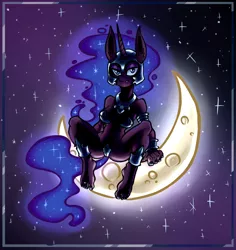 Size: 1928x2041 | Tagged: alicorn, anthro, armor, artist:pzf, barefoot, bracelet, breasts, busty nightmare moon, crescent moon, derpibooru import, feet, female, helmet, jewelry, looking at you, moon, nightmare moon, plantigrade anthro, solo, solo female, suggestive, tangible heavenly object, toe ring, unconvincing armor