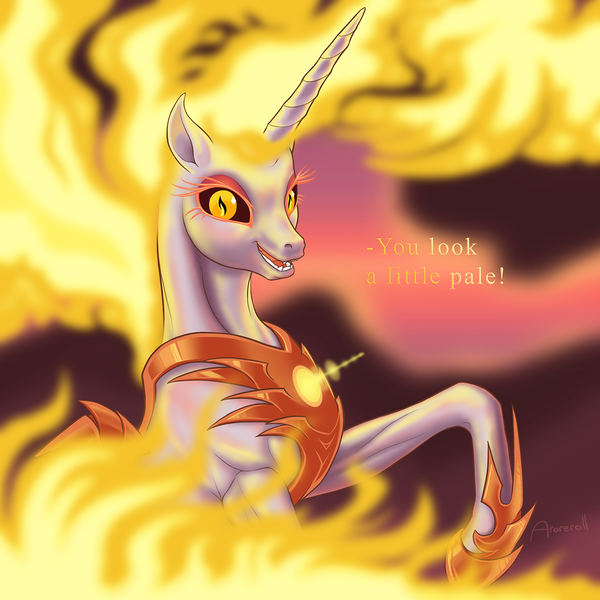 Size: 1280x1280 | Tagged: safe, artist:arareroll, derpibooru import, daybreaker, alicorn, pony, armor, black sclera, chestplate, evil grin, fangs, female, fire, fire magic, grin, hoof shoes, looking at you, mane of fire, mare, missing accessory, mocking, raised hoof, slit eyes, smiling, solo, yellow eyes, yellow text