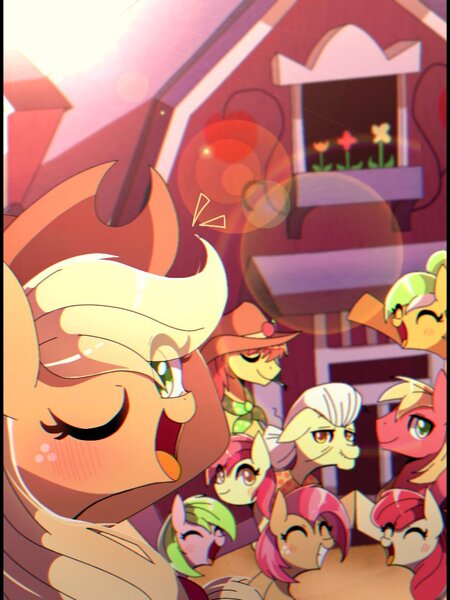 Size: 768x1024 | Tagged: safe, artist:erufi, derpibooru import, apple bloom, applejack, babs seed, big macintosh, granny smith, earth pony, pony, apple family reunion, apple family, barn, blushing, cowboy hat, eye clipping through hair, female, filly, freckles, group, happy, hat, lens flare, male, mare, one eye closed, smiling, stallion, wink