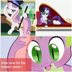 Size: 2896x2896 | Tagged: safe, derpibooru import, edit, edited screencap, screencap, rarity, spike, sweetie belle, unicorn, growing up is hard to do, rarity investigates, cane, comparison, fainting couch, female, male, older, older sweetie belle, sweat, sweating profusely, voting