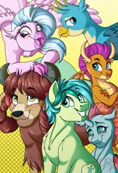 Size: 2393x3500 | Tagged: safe, artist:jack-pie, derpibooru import, gallus, ocellus, sandbar, silverstream, smolder, yona, changedling, changeling, dragon, earth pony, gryphon, hippogriff, pony, yak, blushing, chest fluff, crossed arms, cute, cutie mark, diaocelles, diastreamies, female, gallabetes, grin, looking at you, male, sandabetes, smiling, smolderbetes, student six, yonadorable