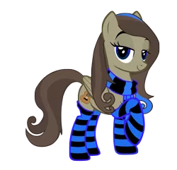 Size: 3291x3167 | Tagged: safe, artist:jackiejak, derpibooru import, oc, oc:soprano, unofficial characters only, pegasus, pony, bedroom eyes, blue eyes, blue scarf, blue socks, brown mane, brown tail, clothes, female, mare, pegasus oc, scarf, show accurate, simple background, socks, solo, striped socks, thigh highs, transparent background, vector, wings