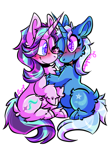 Size: 1536x2048 | Tagged: safe, artist:tailsdollterror, derpibooru import, starlight glimmer, trixie, pony, unicorn, blushing, cloven hooves, female, heart eyes, looking at each other, mare, one eye closed, simple background, sitting, smiling, transparent background, unshorn fetlocks, wingding eyes, wink