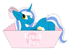 Size: 1024x692 | Tagged: suggestive, artist:milliedot, derpibooru import, oc, oc:fleurbelle, alicorn, pony, alicorn oc, bow, box, butt, female, hair bow, horn, mare, plot, pony in a box, wings, yellow eyes