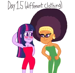 Size: 3000x2903 | Tagged: safe, artist:bigpurplemuppet99, derpibooru import, saffron masala, twilight sparkle, equestria girls, 30 day otp challenge, afro, alternate clothes, blushing, equestria girls-ified, female, lesbian, nova clothing, shipping, twiffron