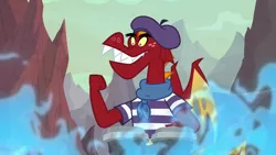 Size: 1280x720 | Tagged: beatnik, beret, blue fire, bongos, clenched fist, clothes, derpibooru import, dragon, fire, garble, hat, male, safe, screencap, shirt, solo, striped shirt, sweet and smoky