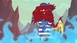 Size: 1920x1080 | Tagged: beatnik, beret, blue fire, bongos, clothes, derpibooru import, dragon, fire, garble, hat, male, safe, screencap, shirt, solo, striped shirt, sweet and smoky