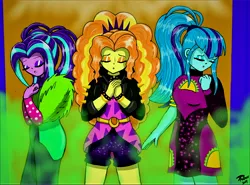 Size: 11600x8600 | Tagged: safe, artist:brekrofmadness, derpibooru import, adagio dazzle, aria blaze, sonata dusk, equestria girls, equestria girls series, find the magic, spoiler:eqg series (season 2), absurd resolution, clothes, dress, food, jacket, leather jacket, ponytail, shorts, taco, taco dress, the dazzlings, unleash the magic