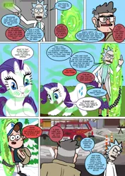 Size: 800x1133 | Tagged: safe, artist:imbriaart, derpibooru import, rarity, human, pony, unicorn, comic:magic princess war, car, clothes, comic, crossover, dipper pines, ford pines, gravity falls, middle finger, portal, rick and morty, rick sanchez, tree, vulgar