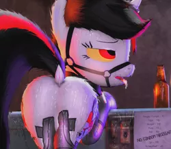 Size: 1734x1507 | Tagged: suggestive, artist:urgent coffee, derpibooru import, oc, oc:blackjack, unofficial characters only, pony, unicorn, fallout equestria, fallout equestria: project horizons, 3d, alcohol, beer, butt, collar, fanfic art, female, females only, horn, horn ring, ring, solo, source filmmaker