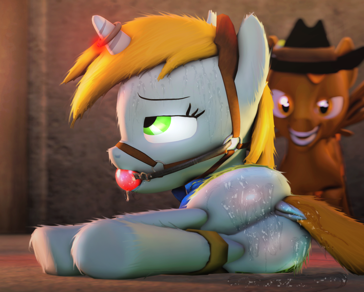 Size: 1792x1440 | Tagged: questionable, artist:urgent coffee, derpibooru import, oc, oc:calamity, oc:littlepip, pegasus, pony, unicorn, fallout equestria, fanfic, 3d, ballgag, bondage, bridle, butt, clothes, cowboy hat, dashite, dock, fanfic art, female, gag, hat, hooves, horn, horn ring, magic suppression, male, mare, piplamity, plot, ring, side, source filmmaker, spread wings, stallion, tack, wet, wings