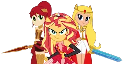 Size: 2393x1245 | Tagged: safe, artist:lhenao, derpibooru import, sunset shimmer, human, equestria girls, equestria girls series, adora, crossover, equestria girls-ified, ponied up, pyrrha nikos, rwby, she-ra, she-ra and the princesses of power, spear, super ponied up, sword, weapon