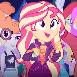 Size: 320x320 | Tagged: safe, derpibooru import, screencap, drama letter, fry lilac, golden hazel, sandy cerise, scribble dee, snow flower, sunset shimmer, velvet sky, wallflower blush, watermelody, equestria girls, equestria girls series, sunset's backstage pass!, spoiler:eqg series (season 2), animated, cropped, cute, dancing, female, geode of empathy, gif, happy, magical geodes, male, shimmerbetes