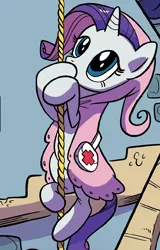 Size: 634x992 | Tagged: safe, artist:kate sherron, derpibooru import, idw, rarity, pony, unicorn, spoiler:comic80, climbing, cloak, clothes, cute, female, mare, official comic, raribetes, rope, solo